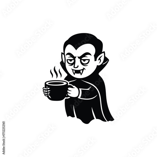 cartoon vampire drinking coffee in black and white halloween vector illustration.
