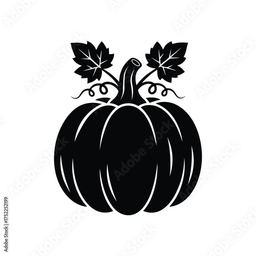 black silhouette pumpkin with leaves and curly tendrils for halloween and autumn decoration.
