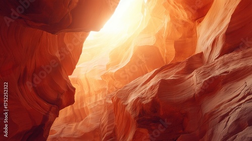 Sunlight streaming into a slot canyon with wavy orange rock formations. Natural abstract background from a desert landscape.
