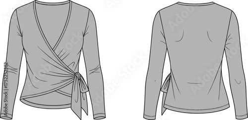 wrap top women vneck sash tie draped asymmetrical hem long sleeve fitted apparel garment clothing fashion textile template vector sketch illustration design pattern stylish modern wardrobe prototype s