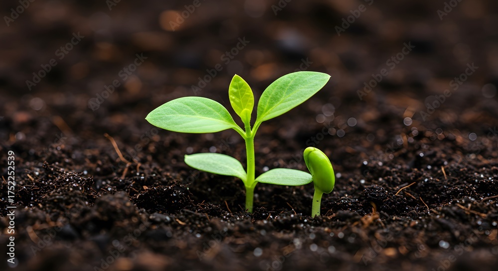 Fototapeta premium A close-up of two young plants, showcasing vibrant green leaves against rich dark soil