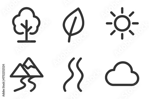 A series of icons representing different weather conditions. The icons include a tree, a mountain, a leaf, a cloud, a sun, and a river. Vector. 