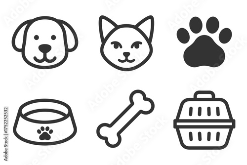A set of dog, cat, and bone icons. The dog is smiling and the cat is looking at the camera. Vector. 