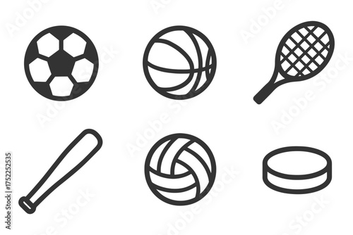 A set of sports balls and a bat. The balls are of different sizes and colors, and the bat is black. Concept of playfulness and fun. Vector. 