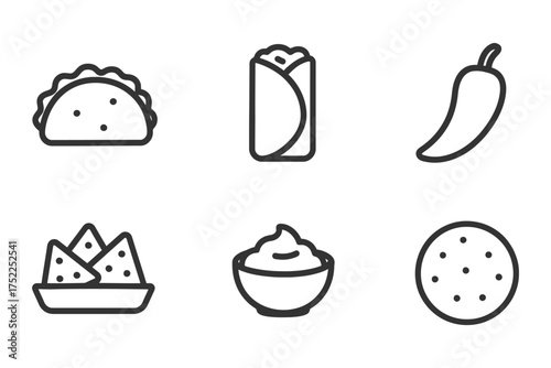 A collection of food symbols, such as a taco, burrito, and a bowl of guacamole. Vector. 