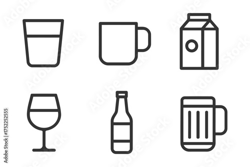 A set of six black and white icons of various drinks and glasses. The icons include a wine glass, a beer mug, a coffee mug, a milk carton. Vector. 
