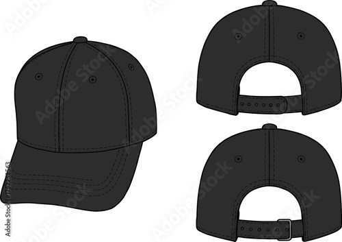 Baseball cap illustration, technical fashion flat, adjustable snapback design, curved brim, panel stitching, casual headwear, sports accessory, unisex style
