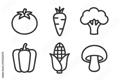 A set of six vegetable icons in black and white. The icons include a carrot, broccoli, and a mushroom. Vector. 