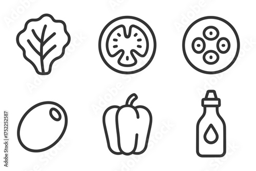 A set of six food icons, including a tomato, a cucumber, and a bottle of olive oil. Vector. 