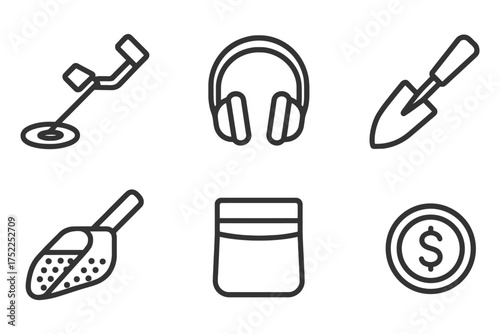 A set of six black and white icons that represent various tools and items. The icons include a shovel, a trowel, a metal detector. Vector. 