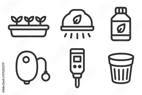 A series of icons for gardening tools and supplies. The icons include a watering can, a plant, a bottle, a cup, a pot, and a thermometer. Vector. 