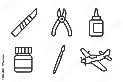 A set of six black and white icons of tools and objects, including scissors, a bottle, a paintbrush, a knife, a pair of pliers, and an airpl. Vector. 