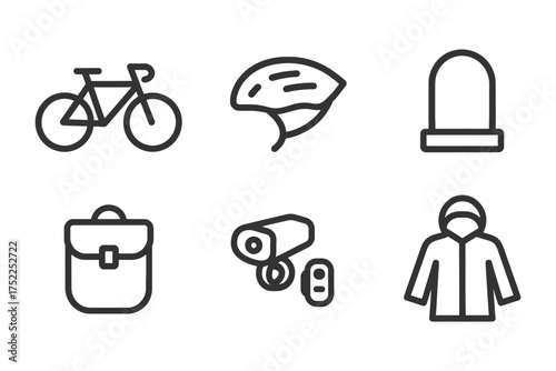 A set of icons for various items, including a bicycle, a backpack, a hat, a jacket, a bicycle helmet, and a bicycle lock. Vector. 