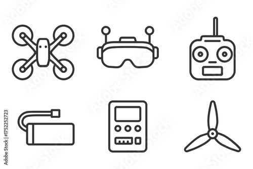 A collection of black and white icons for various gadgets and devices. The icons include a drone, a remote control, a calculator. Vector. 