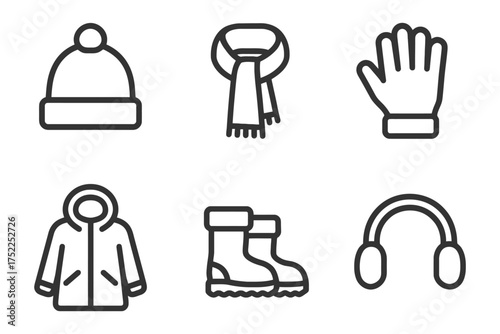 A collection of winter clothing items including a hat, scarf, and gloves. Concept of warmth and comfort during the cold season. Vector. 