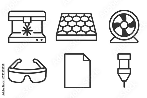 A set of six icons that represent different tools and equipment used in various industries. The icons include a 3D printer, a fan. Vector. 