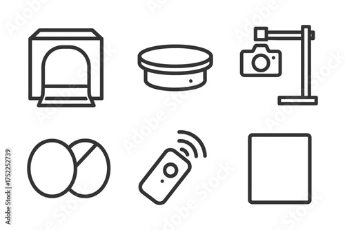A camera is on the right side of the image. The camera is a device used to capture images. Vector. 