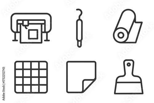 A set of six icons, each representing a different tool or object. The icons are all in black and white, and they include a pair of scissors. Vector. 