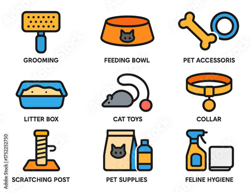 A set of pet supplies including a litter box, cat toys, and a feeding bowl. The image is a collection of various pet accessories. Vector. 
