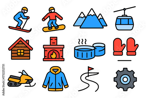 A collection of winter sports icons, such as a skier, snowboarder, and a snowboarder, are displayed in a grid. Vector. 