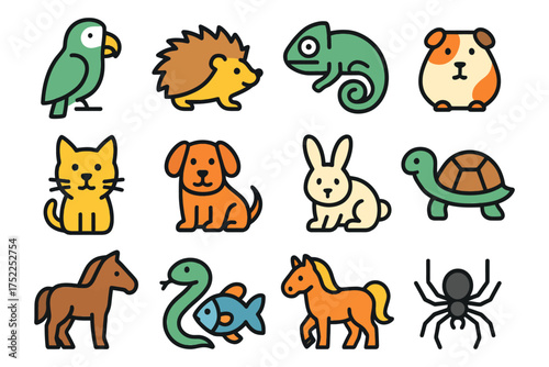 A collection of cute animal icons, including a dog, cat, rabbit, turtle, and bird. Vector. 