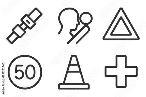 A set of six icons, including a stop sign, a speed limit sign, and a red triangle, are displayed in black and white. Vector. 