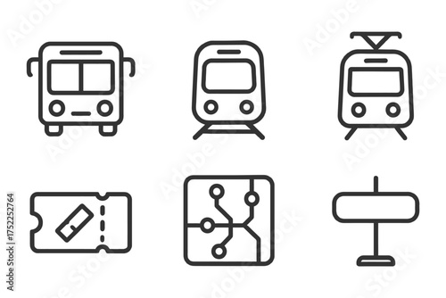 A set of icons for public transportation, including buses, trains, and a ticket. The icons are all black and white. Vector. 