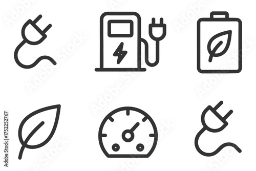 A set of icons for electric cars and charging stations. The icons include a leaf, a plug, a speedometer, and a battery. Vector. 