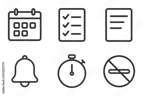 A collection of icons that represent various time-related tasks and reminders. There is a calendar icon. A to-do list icon is also present. Vector. 