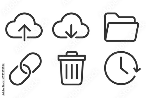 A set of icons for cloud storage, trash, and time. The icons are all black and white. Vector. 
