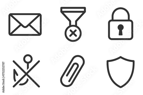A set of icons for a computer program. The icons include a key, a padlock, a paper clip, a shield, a lock, and an envelope. Vector. 