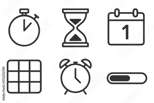 A set of icons for a calendar and clock. The icons are all black and white. The icons include a clock, a calendar, an alarm clock. Vector. 