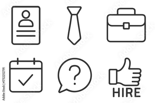 A set of icons for a calendar, a tie, a briefcase, a question mark, a thumbs up, and the word hire. Vector. 
