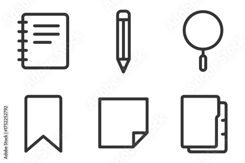 A collection of six icons, each representing a different stationery item. The icons include a book, a pencil, a pen, a notebook, a clip. Vector. 