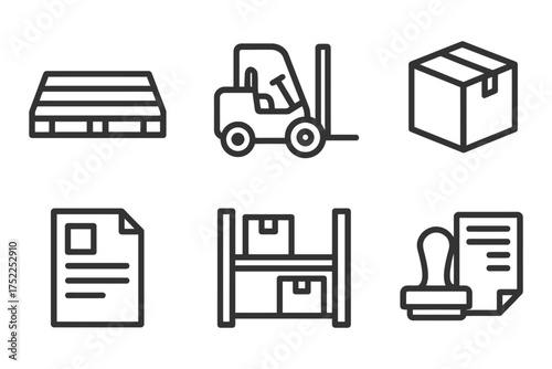 A series of black and white icons for a warehouse. The icons include a forklift, a box, a pallet, a paper, a box, and a stamp. Vector. 