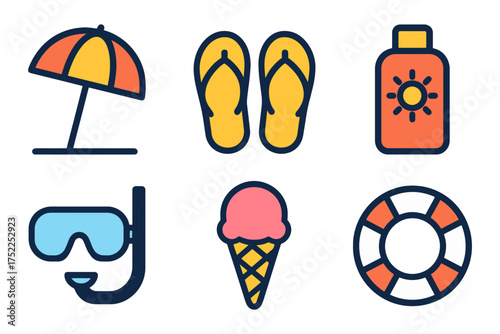 The image is a collection of beach-related icons, including a beach umbrella, flip flops, a sun hat, a beach ball, a surfboard, and a life p. Vector. 