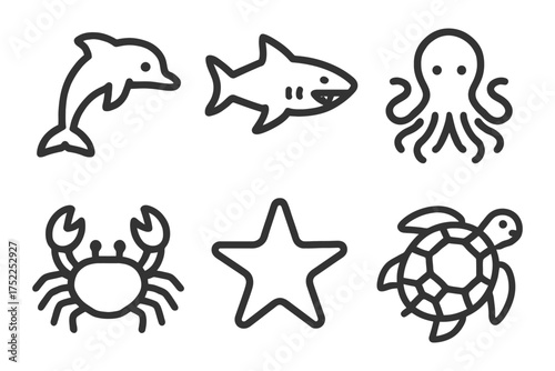 A series of black and white drawings of sea creatures, including a star, a dolphin, a shark, a crab, a turtle, and an octopus. Vector. 