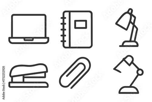 A set of office supplies including a laptop, a book, a pen, a stapler, a paper clip, and a lamp. Vector. 