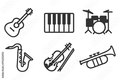 A set of musical instruments including a guitar, keyboard, and drums. The instruments are arranged in a row, with the keyboard. Vector. 
