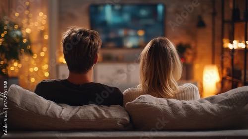 Man and woman relaxing on couch and watching television. Couple enjoying movie night at home. Evening entertainment and cozy leisure time concept.