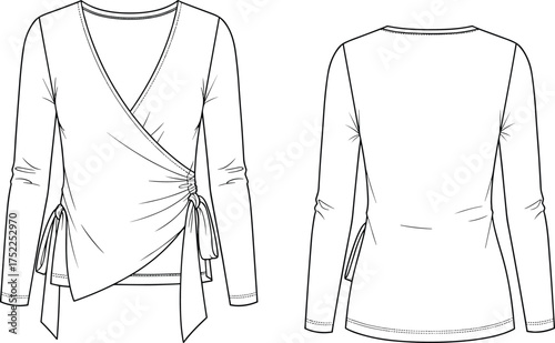 wrap top women vneck tie sash asymmetrical hem long sleeve fitted apparel garment clothing fashion textile template vector sketch illustration design pattern stylish modern chic wardrobe prototype sil