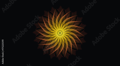 Vibrant abstract swirling energy vortex with glowing golden yellow and red light particles on a black background