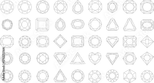 Set of Gray Geometric Diamond Shapes, Precious Stones Design, Outline on White