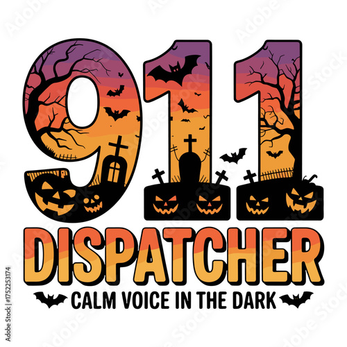 911 Dispatcher Halloween Themed Design with Pumpkins Bats and Graveyard Keywords: 911 dispatcher, Halloween, dispatcher, emergency services, emergency, dispatch, call center, bats, pumpkins