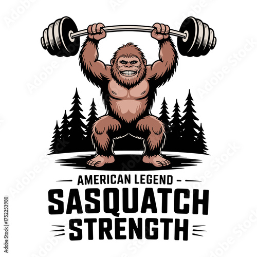 Bigfoot Squatting with Barbell and Trees, " Sasquatch Strength" Text Keywords: Bigfoot, Sasquatch, Yeti, cryptid, mythical creature, monster, ape, primate, strongman, weightlifting, strength
