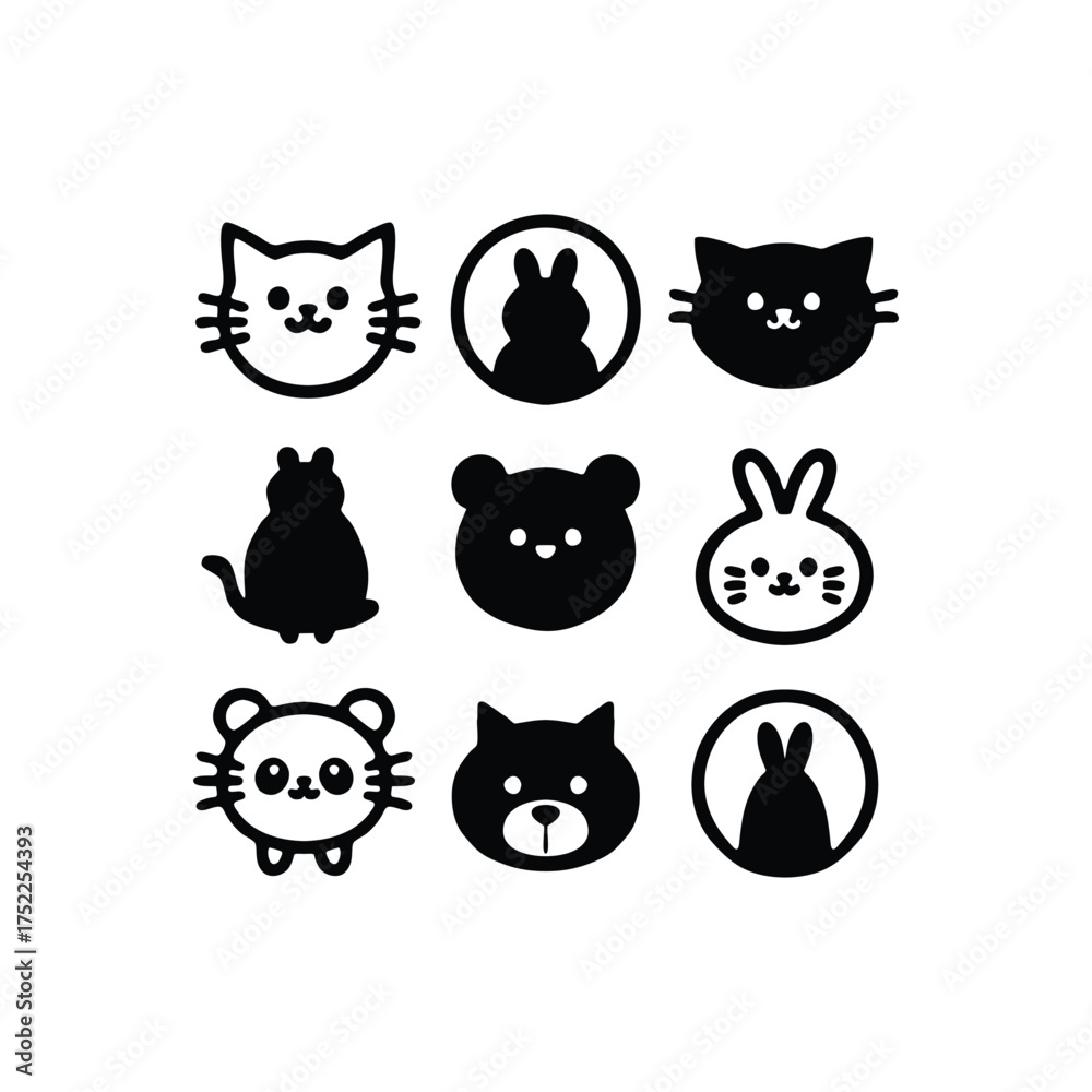 Fototapeta premium Cute Animal Icon Set in Minimalist Kawaii Black and White Style