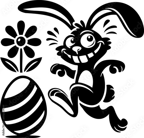 Happy bunny with Easter egg, black and white festive vector illustration, cheerful rabbit line art for Easter holiday design and cute seasonal compositions