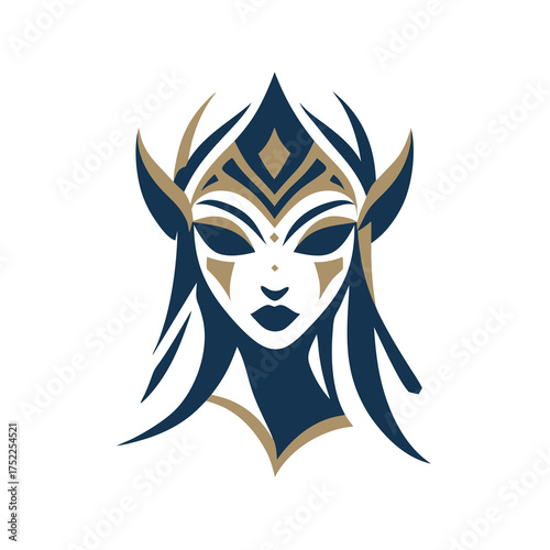 Stylized female face with ornate headdress and dark hair