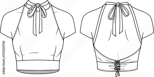 Cropped halter top illustration, technical fashion flat, women apparel design, high neckline, tie closure, keyhole front, lace up back detail