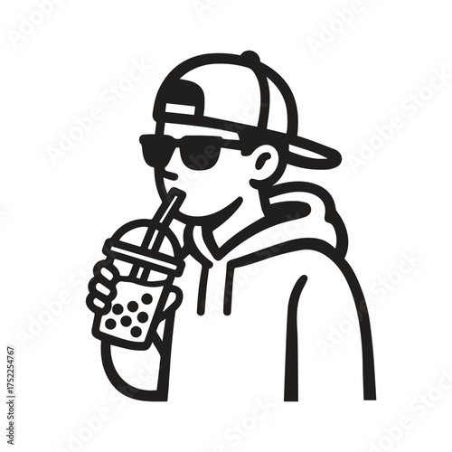 Minimalist black and white vector illustration of a cool young man wearing a hoodie and a cap sipping a bubble tea drink through a straw